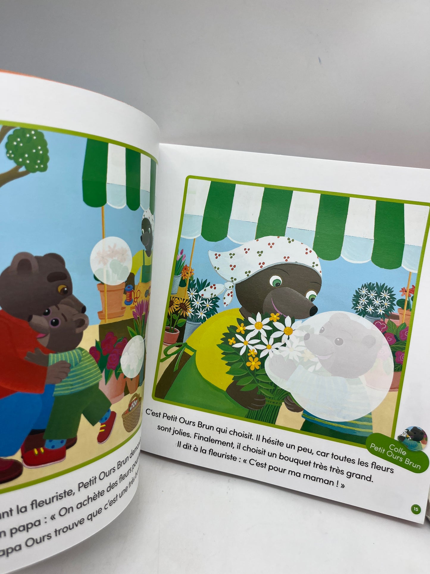 Livre d’activité magazine Les grandes histoires  de Petit Ours Brun thème au marché avec Papa Neuf ! Avec gommettes et imagier