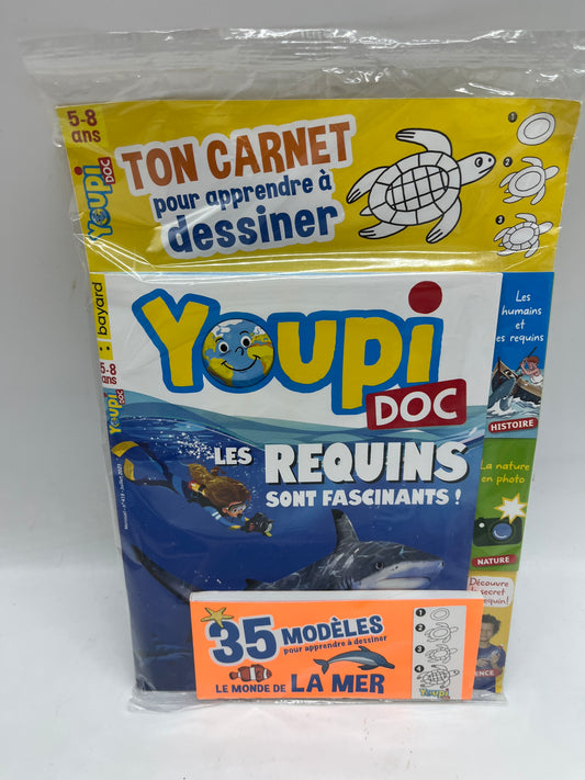 Livre d’activité Magazine Youpi ! J’ai compris thème Les requins avec son carnet pour apprendre à dessiner Neuf sous blister