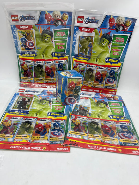 Lot de 4 Multipacks et un display de 25 pochettes de 5 cartes Lego Marvel Avenger Stickers avec carte édition limitée Neuf sous blister