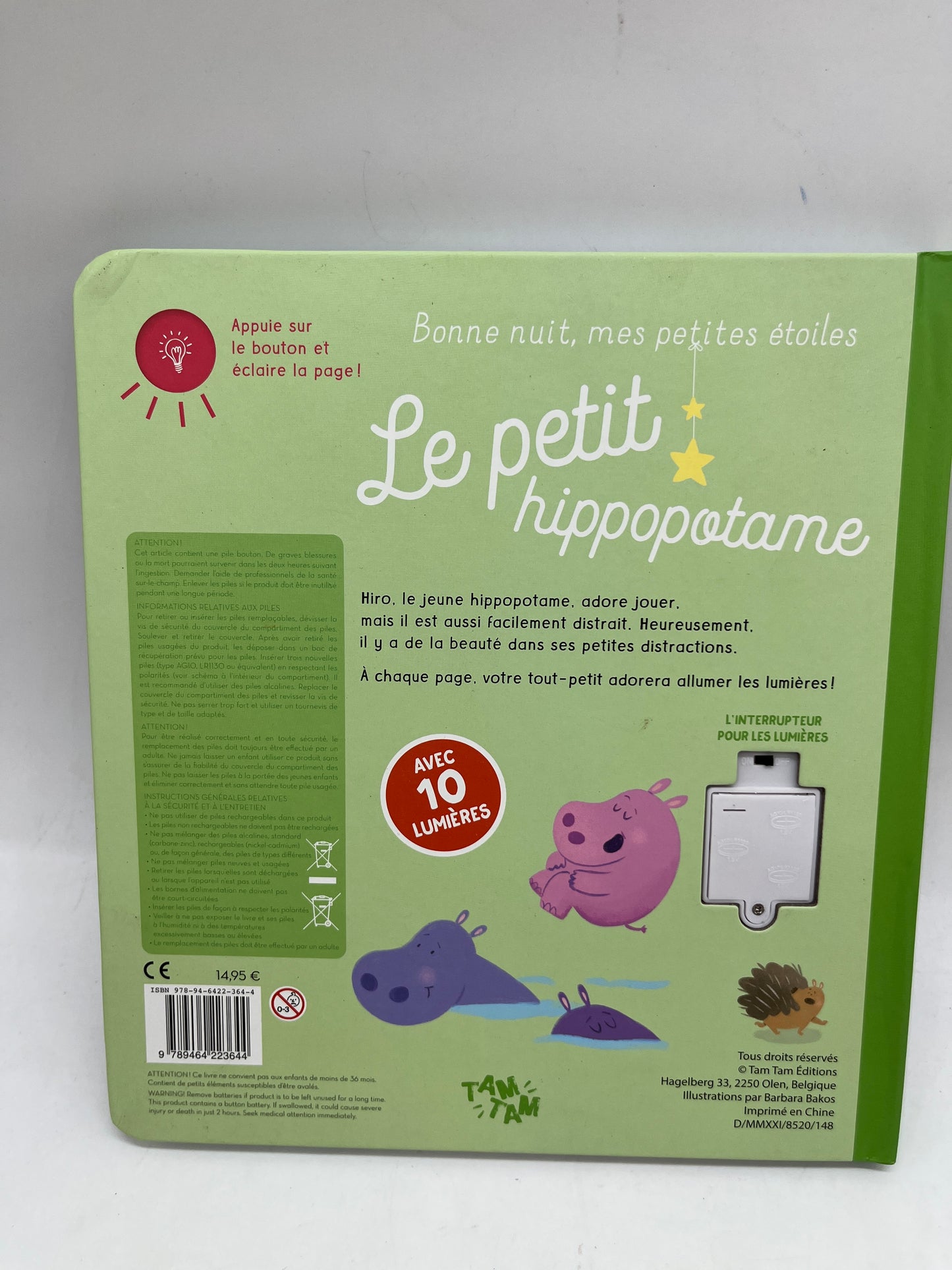 Livre histoire Bonne nuit mes petites étoiles  modèle le petit hippopotame livre lumineux tam tam edition Neuf