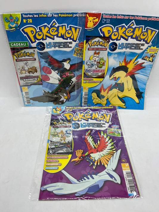 Lot de 3  livres d’activité Magazines Pokémon Le magazine Officiel avec paquets de cartes  Neuf soleil et lune  Harmonie des esprits épée et bouclier Ultra prisme