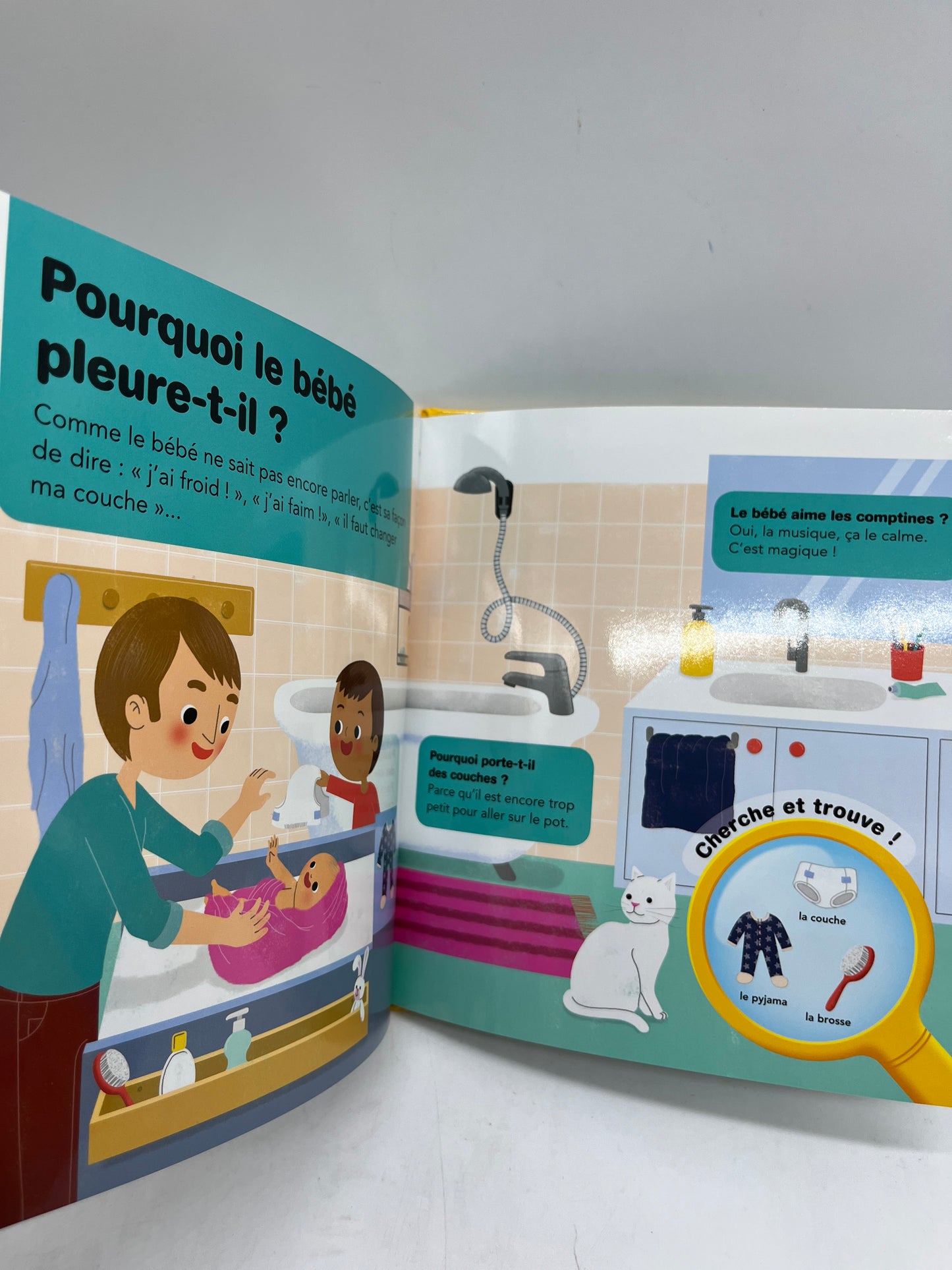 Livre histoire Mes premières questions /réponses avec cherche et trouve thème Bienvenue Bébé à4-7 ans Neuf