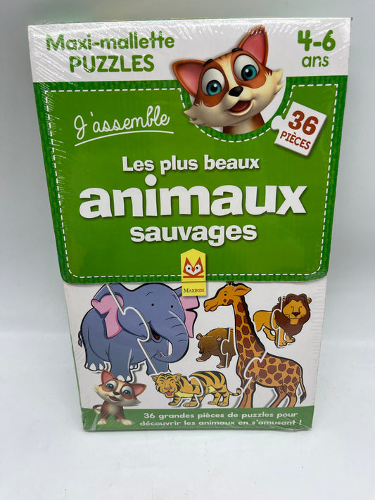 Maxi mallette coffret Puzzle j’assemble  les plus beau animaux sauvages 36 grandes pièces de puzzles doubles face pour apprendre en t’amusant neuf sous blister